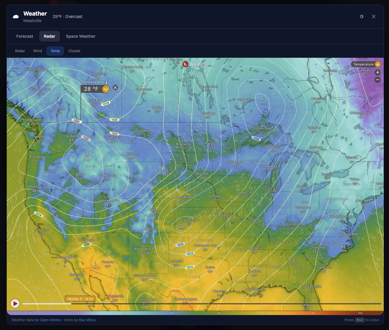 Weather radar showing live temperature map across the US with Windy integration